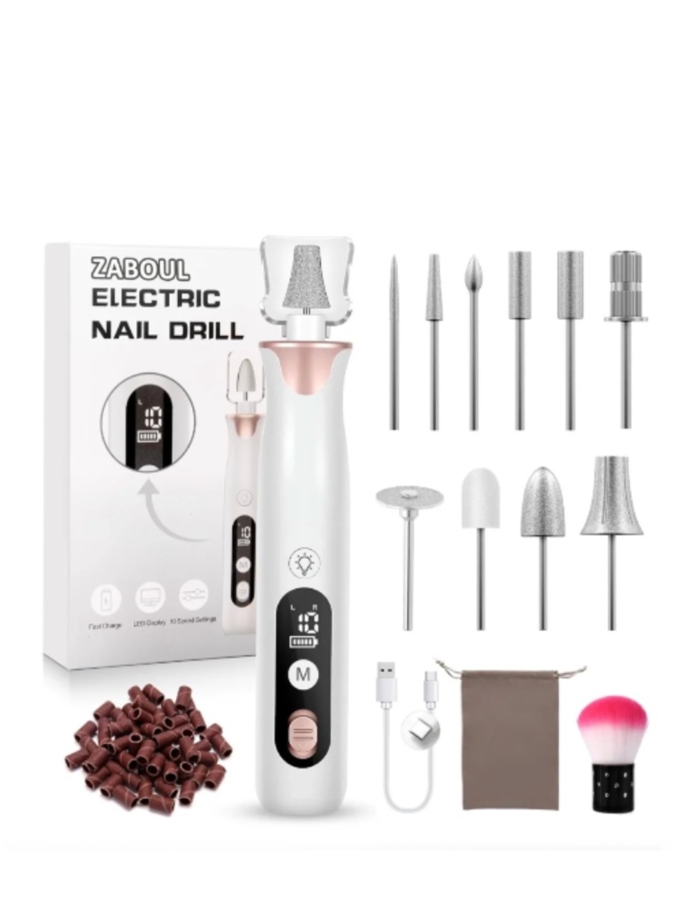 White And Rose Gold Nail Drill Buffer Kit Cordless Rechargeable